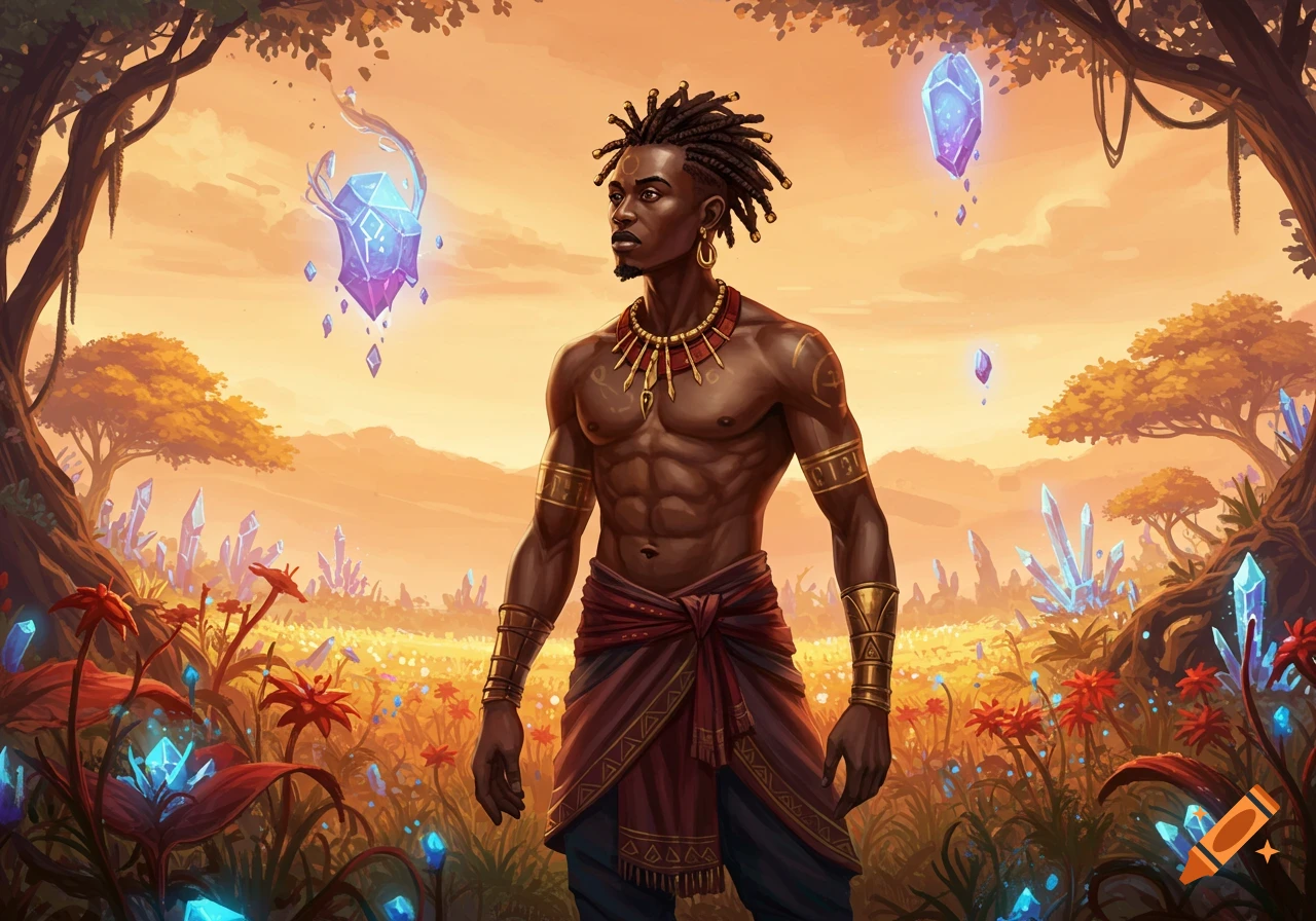 A muscular man with dreadlocks stands in a fantasy landscape filled with glowing crystals.