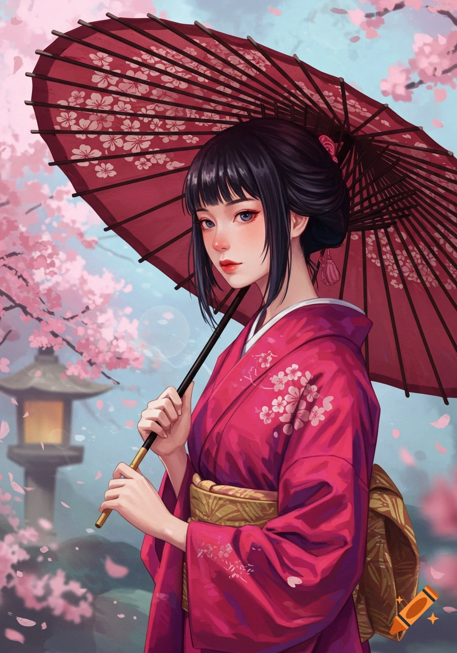 Anime style illustration of a Japanese woman in a pink kimono holding a red umbrella under cherry blossoms.