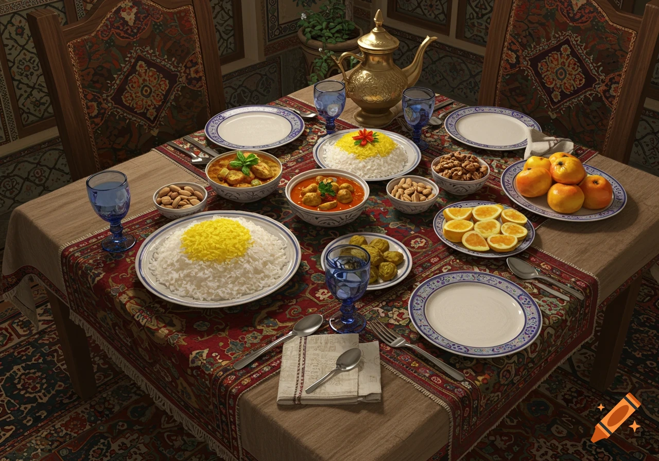 A table set for a meal with bowls of stew, mounds of rice, fruit, nuts, and drinks on ornate dishes and tablecloth.