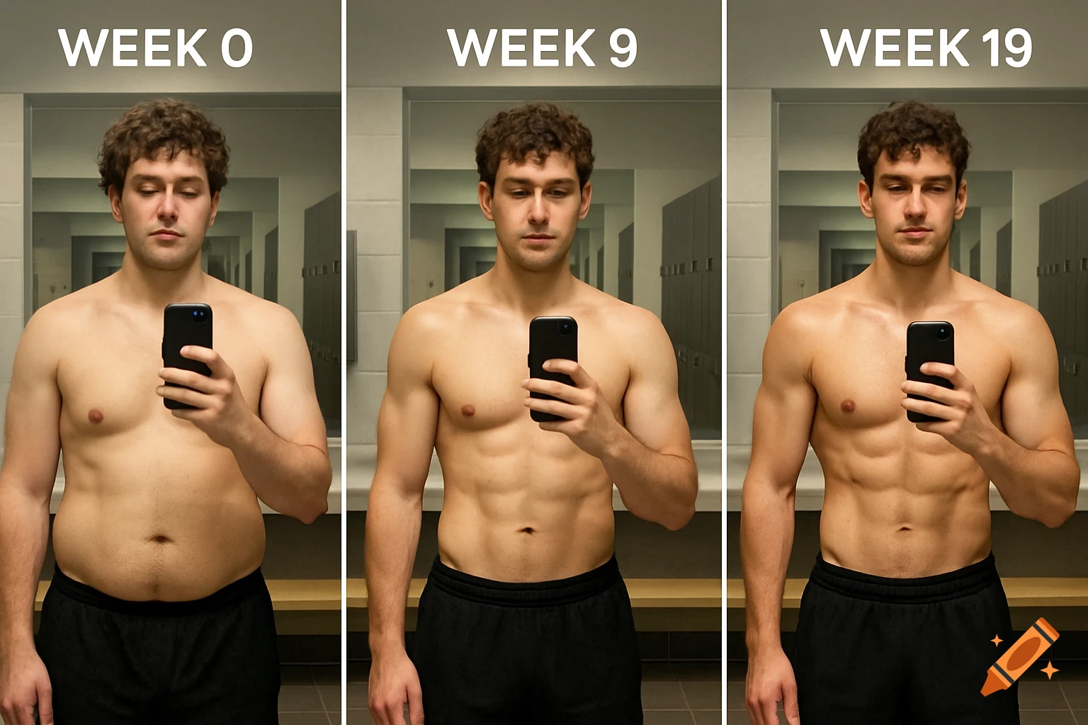 A man's body transformation over 19 weeks shown in three side-by-side mirror selfies in a locker room.