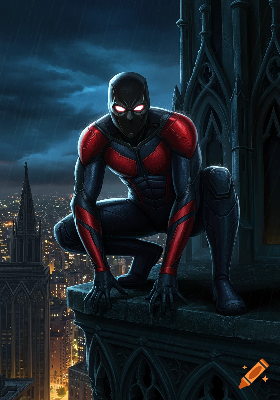A masked superhero in a black and red suit crouches on a gothic skyscraper ledge overlooking a rainy city at night.