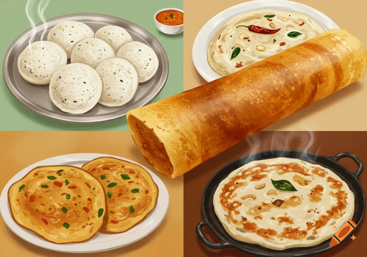An illustration showing different Indian breakfast foods including idli, a rolled dosa, and uttapam.