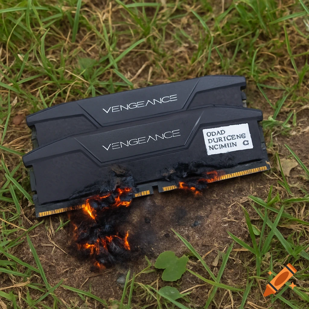 Two burnt computer RAM sticks lie on the ground