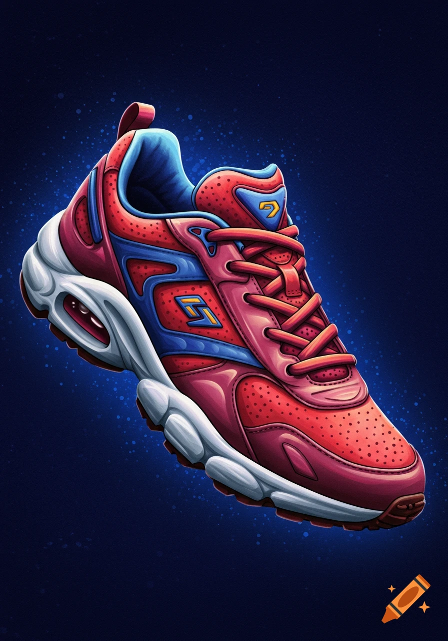 A stylized illustration of a red and blue sneaker against a dark background.