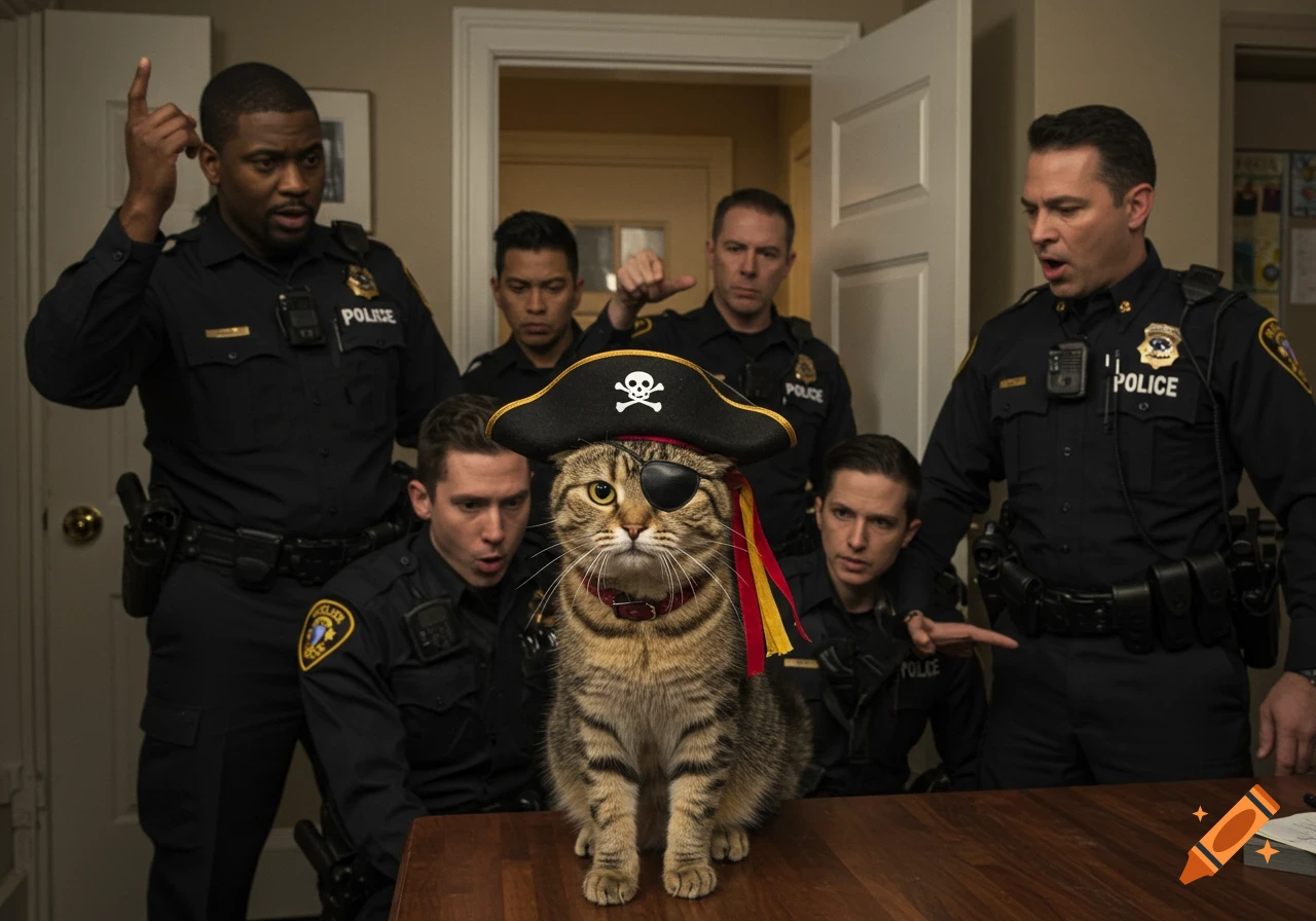 A cat wearing a pirate hat and eye patch sits on a table while surrounded by multiple police officers in a room.