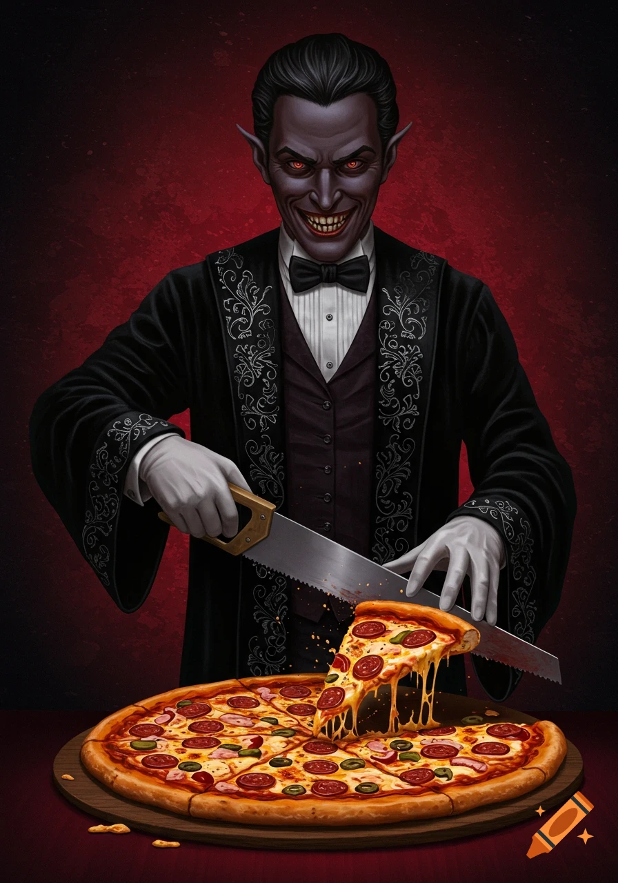 An ominous-looking vampire in formal wear uses a saw to cut a slice of pepperoni pizza.