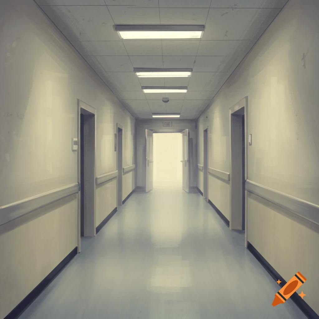 Empty hallway with doors and fluorescent lights, leading to a bright exit sign.