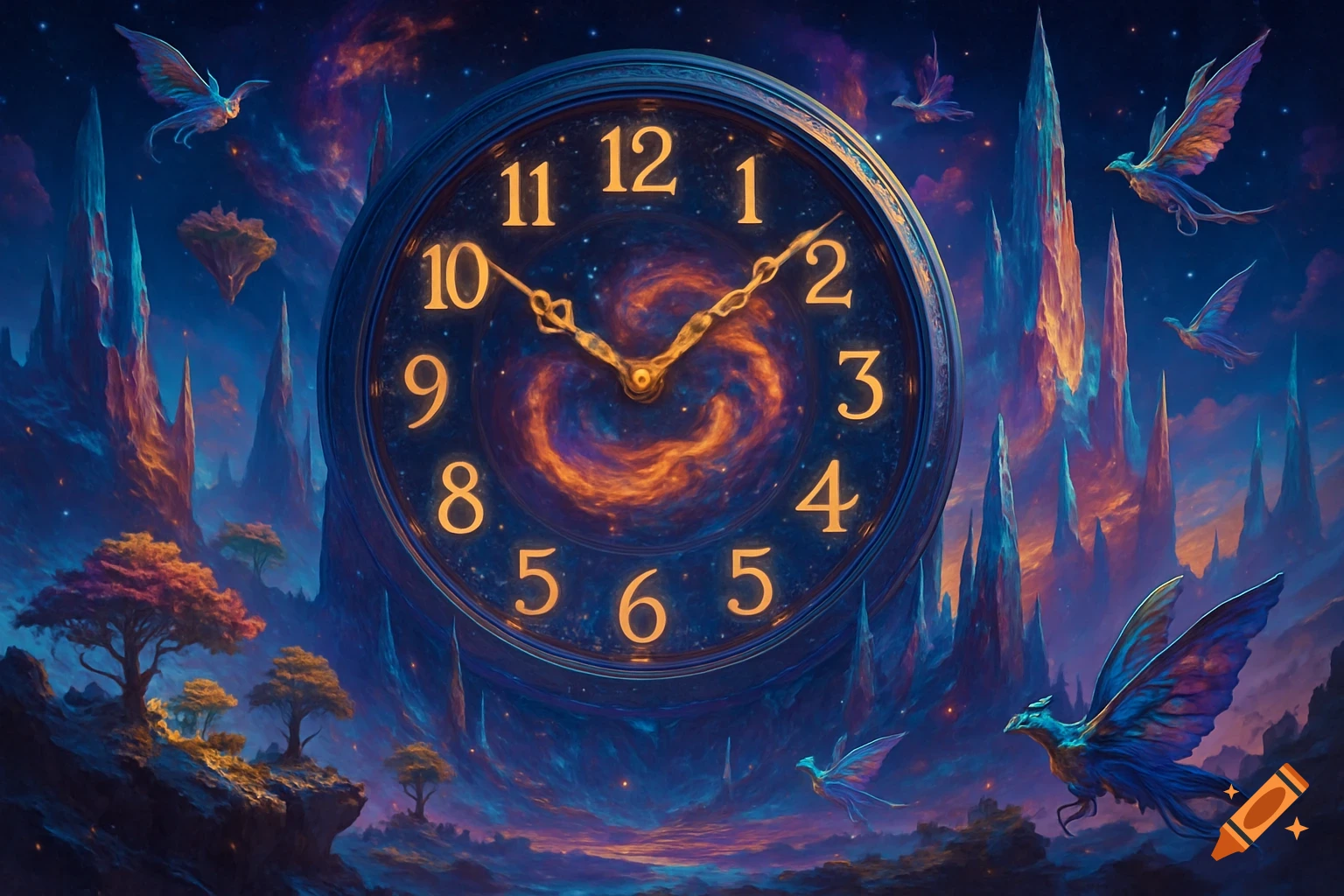 A large clock with glowing numbers sits in a surreal fantasy landscape with crystalline mountains, floating islands, flying creatures, and a starry sky.