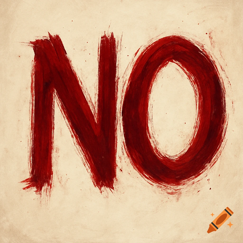 Word 'NO' in bold red brush strokes on a textured background.