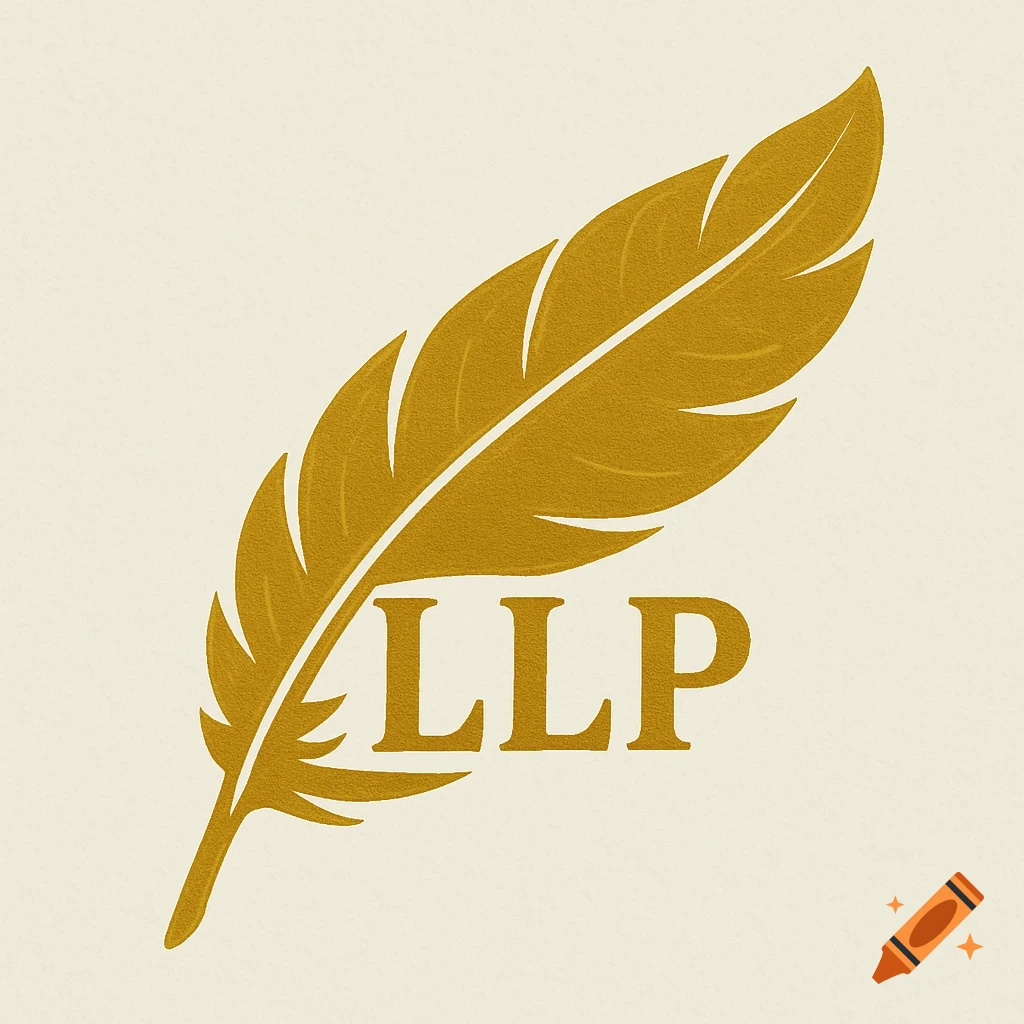 A gold feather with the letters 'LLP' on a light background.