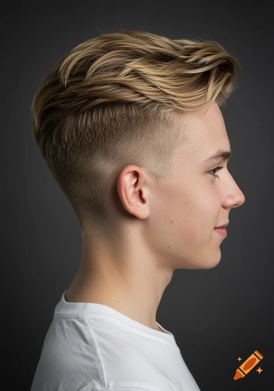 Profile view of a young man with a blonde low taper fade hairstyle