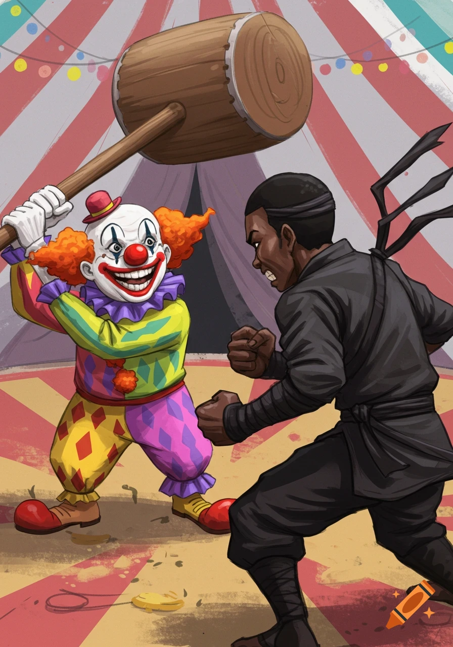Cartoon illustration of a clown swinging a large hammer at a ninja inside a circus tent.