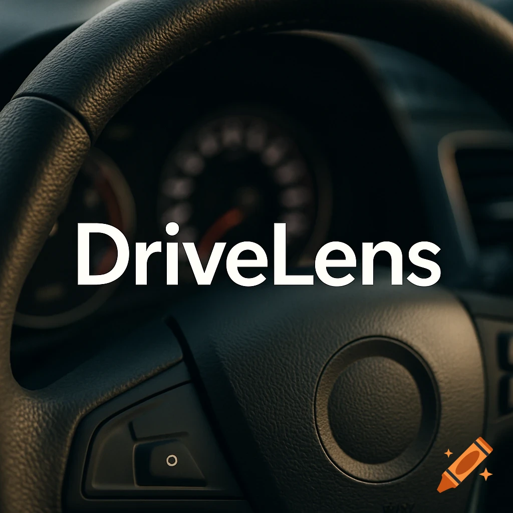 Close-up of a car steering wheel and dashboard with the text DriveLens overlaid