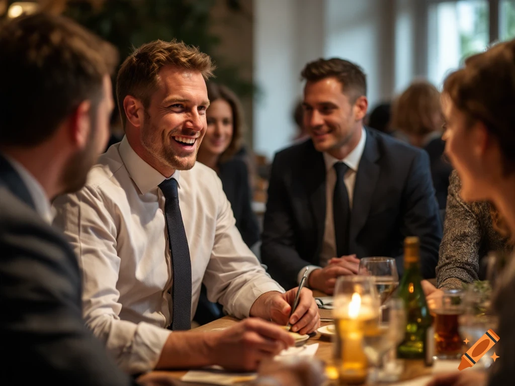 People in business attire smiling and talking at a table in a restaurant or meeting.