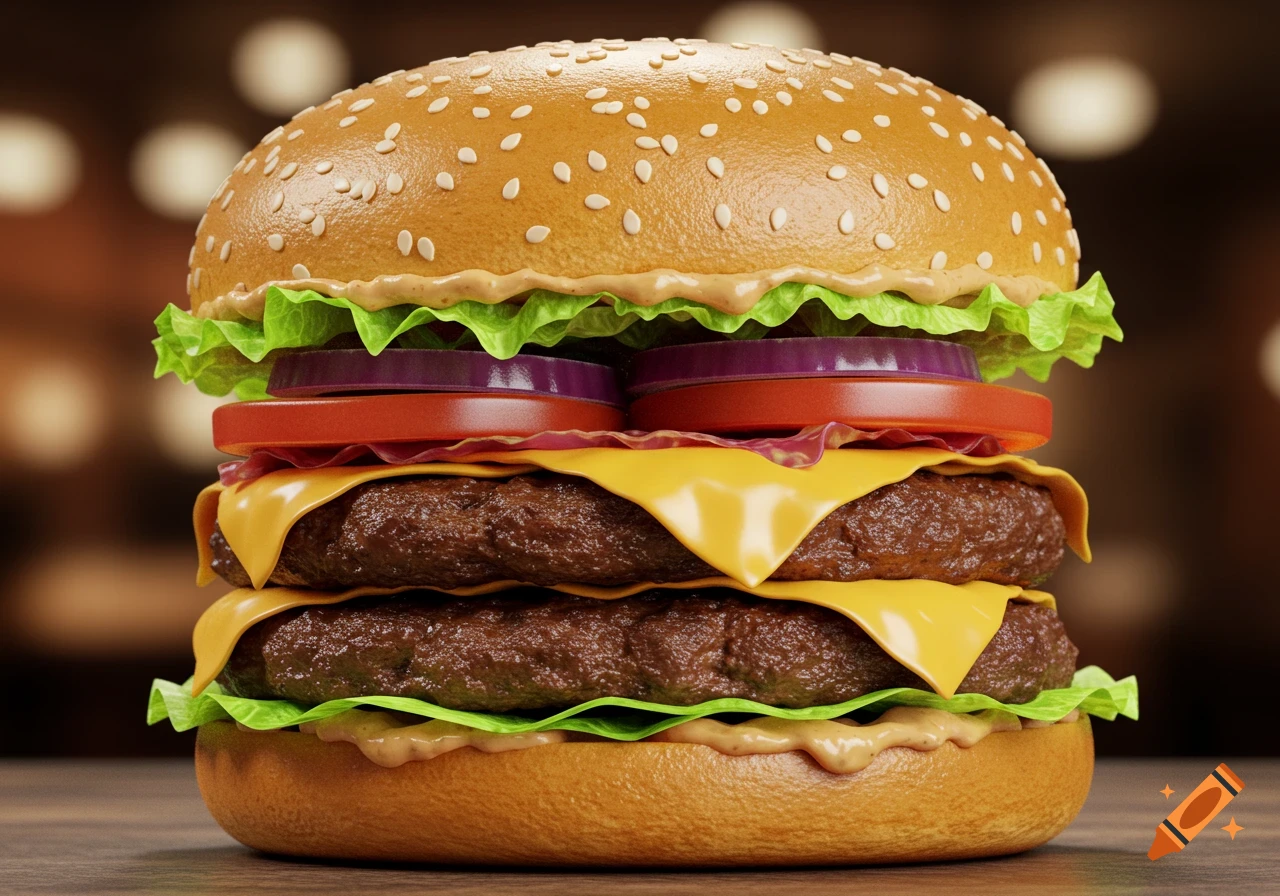 Photorealistic double burger with lettuce, tomato, onion, and cheese