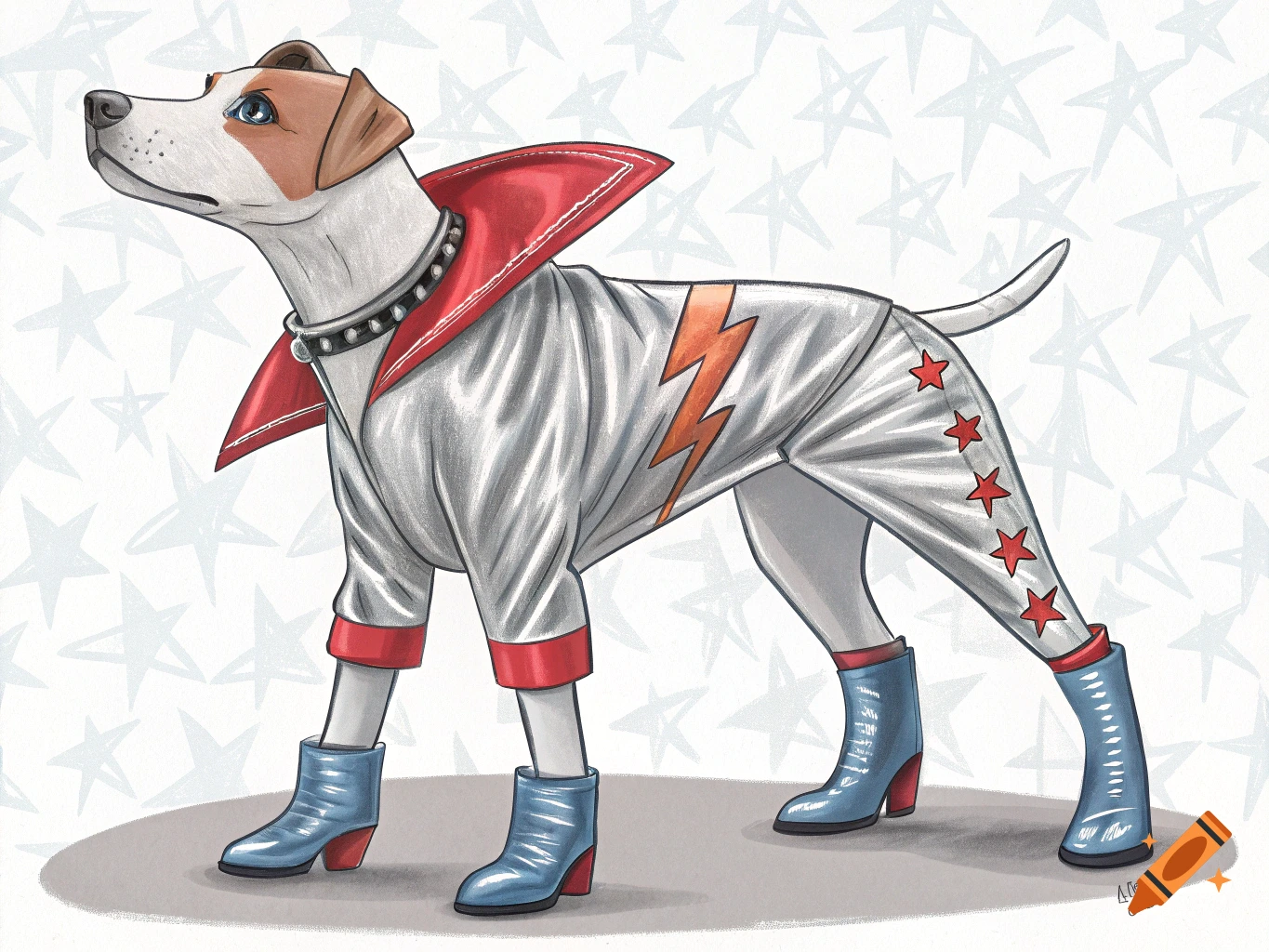 Illustration of a dog wearing a white Ziggy Stardust style costume with a lightning bolt and stars