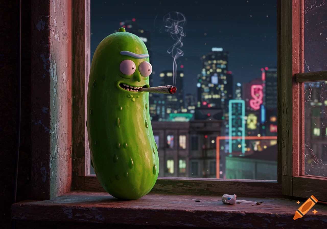 Pickle Rick smokes a joint on a windowsill overlooking a city at night.
