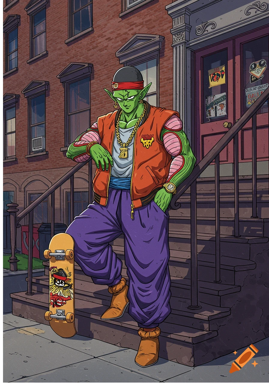 Piccolo from Dragon Ball Z stands on city steps with a skateboard, wearing 90s hip hop clothing in a comic art style.