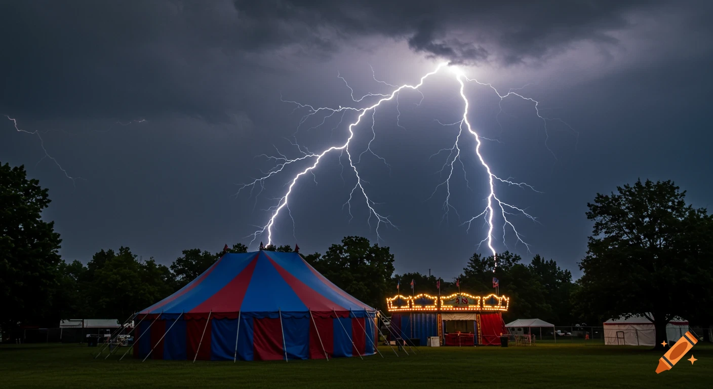 Lightning strikes the ground near a red and blue carnival tent during a thunderstorm.