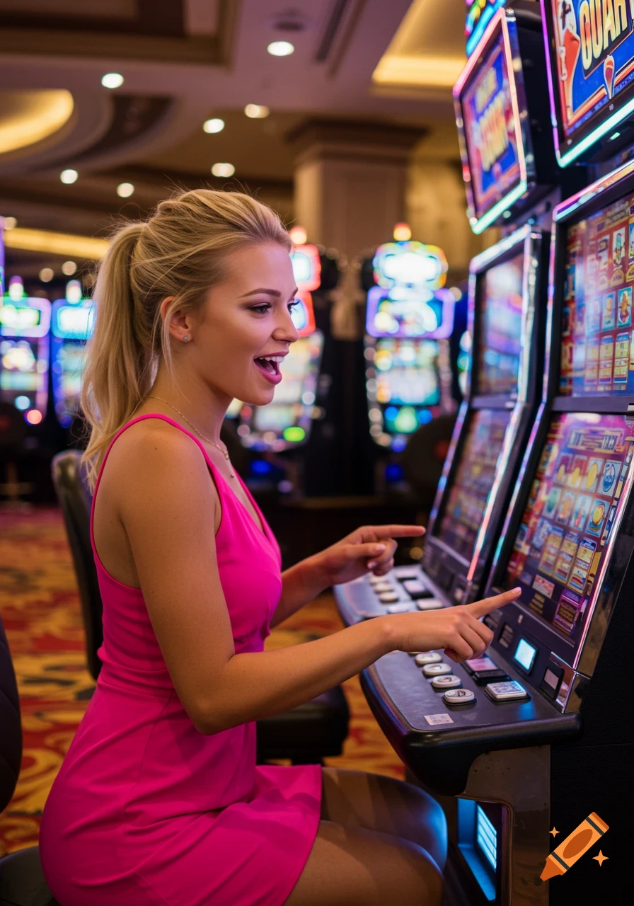 Blonde woman in pink dress playing slot machine in casino