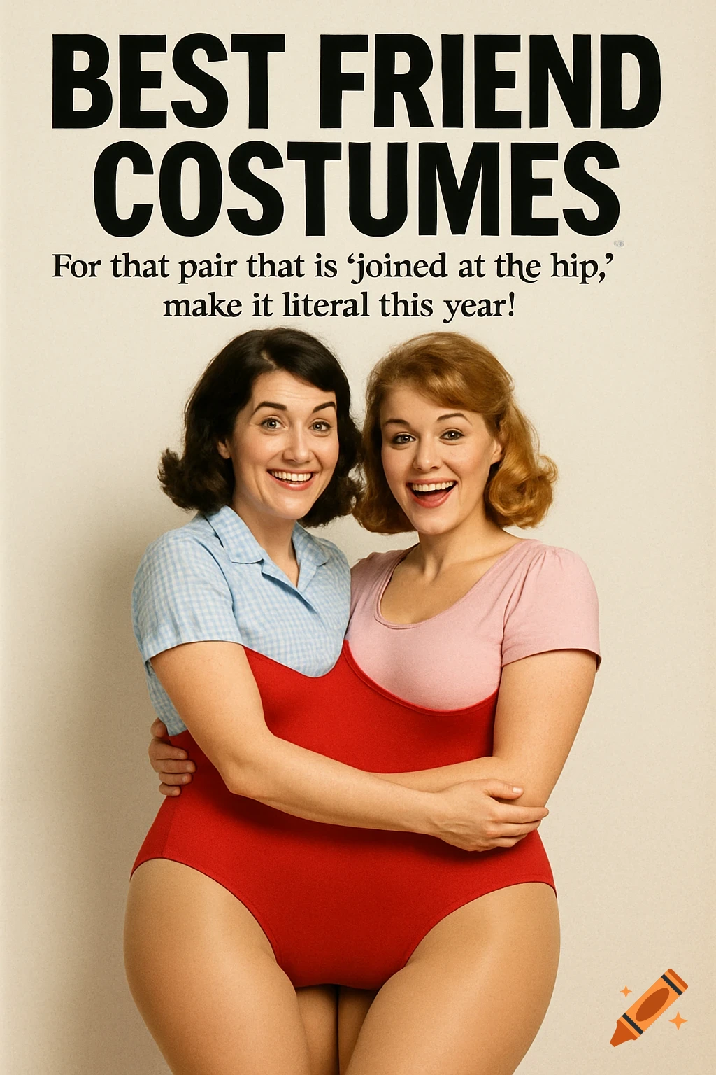 Two women wearing a single combined red leotard, like a magazine cover promoting costumes