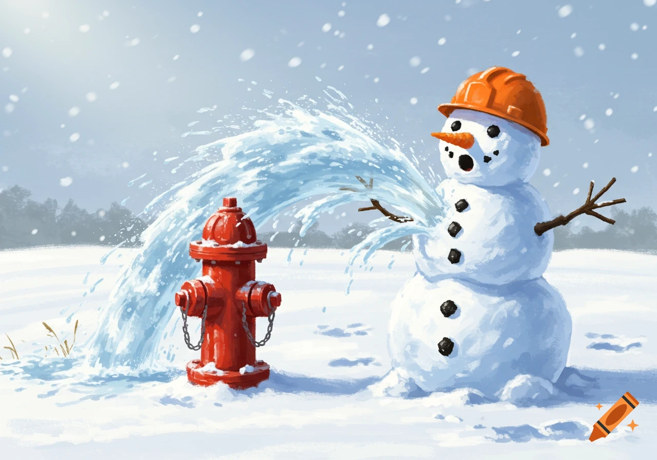 Illustration of a snowman in an orange hard hat being squirted by a red fire hydrant in the snow.