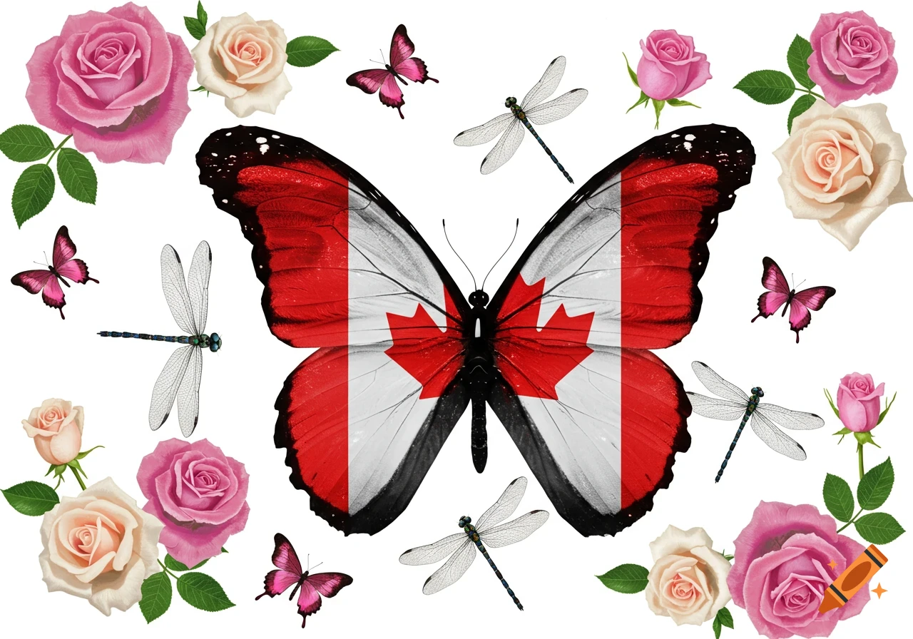 Illustration of butterfly with Canadian flag wings surrounded by roses, small butterflies, and dragonflies.