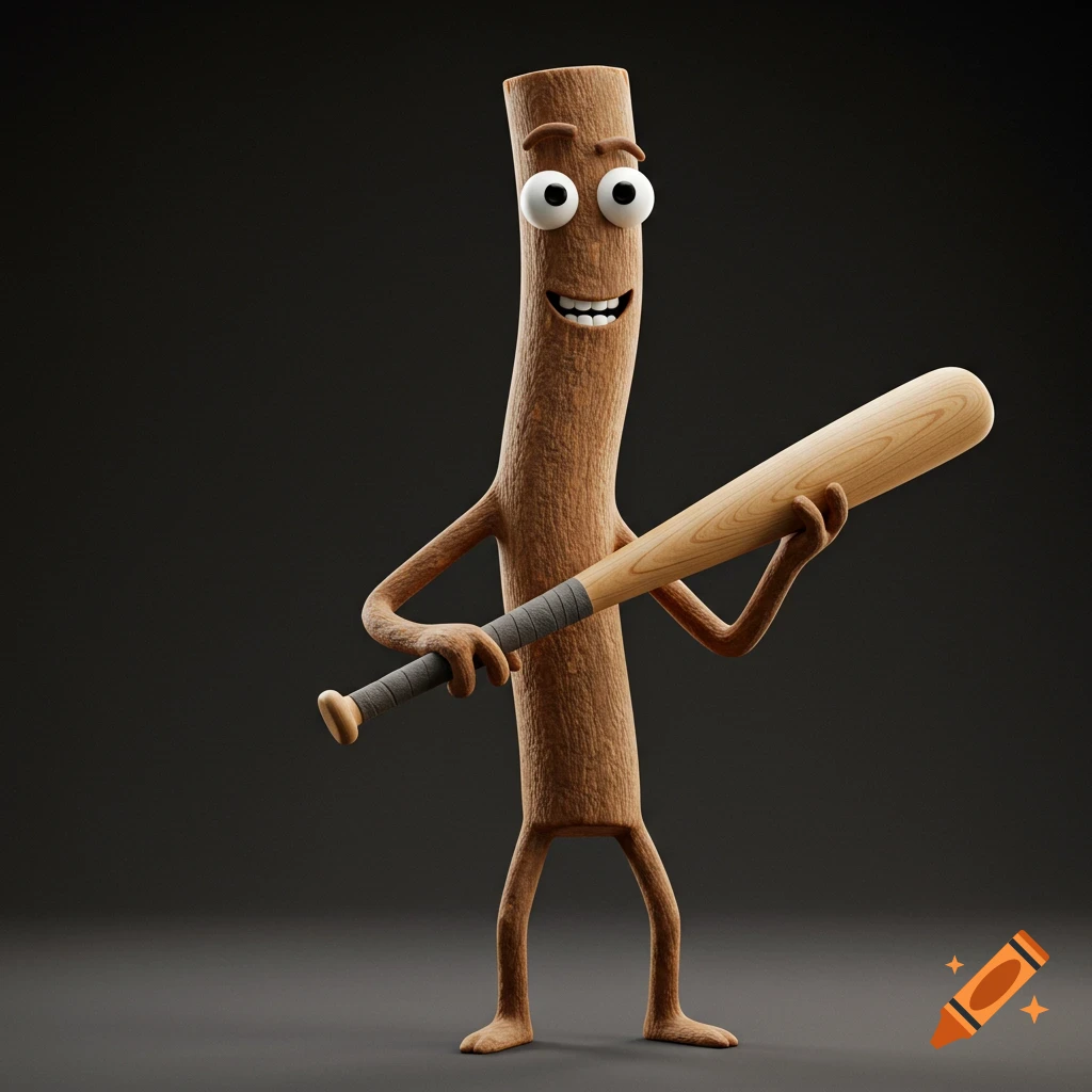 A smiling stick figure character with big eyes holds a wooden baseball bat in a 3D render.