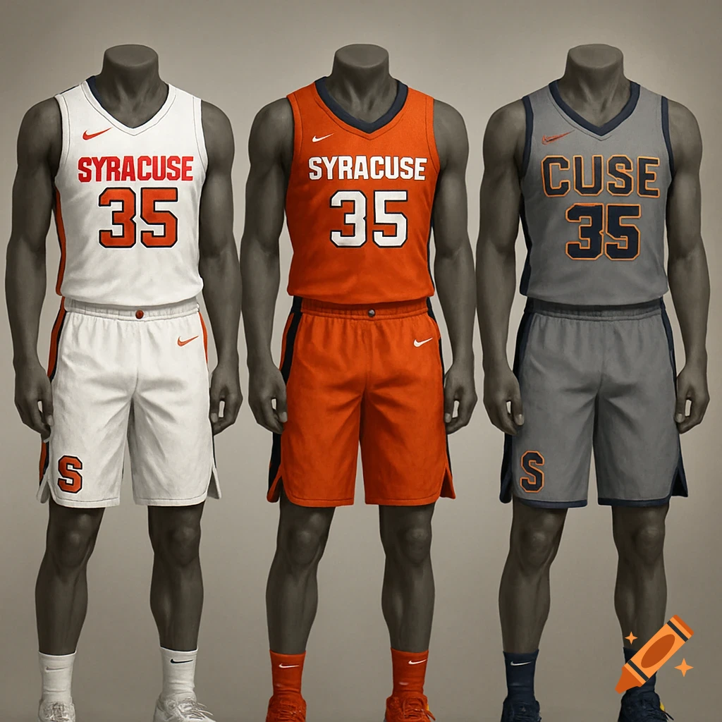 Three basketball uniforms are displayed on mannequins: a white Syracuse 35 jersey, an orange Syracuse 35 jersey, and a grey Cuse 35 jersey.