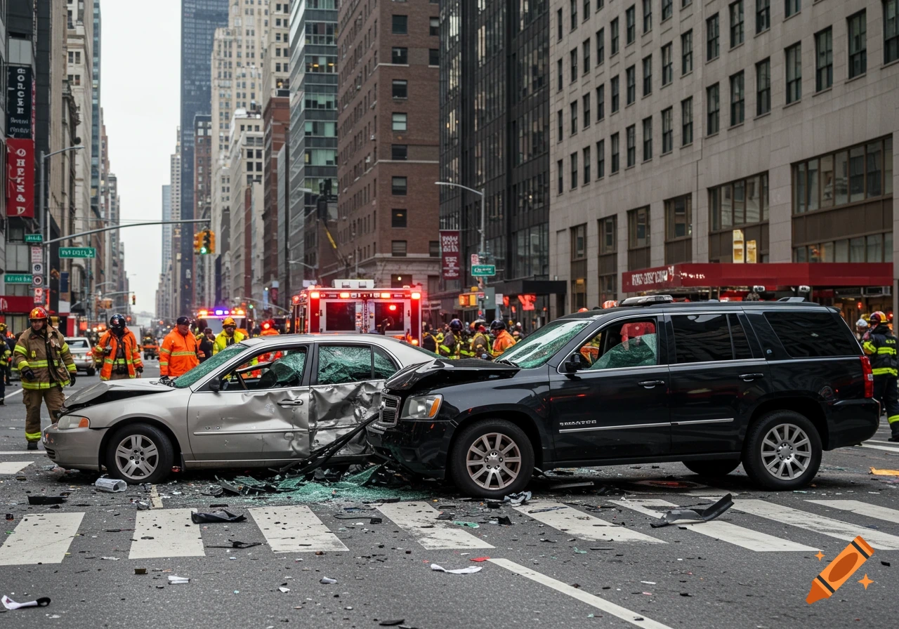 A street scene shows two cars crashed in a city intersection, with emergency vehicles and first responders nearby.
