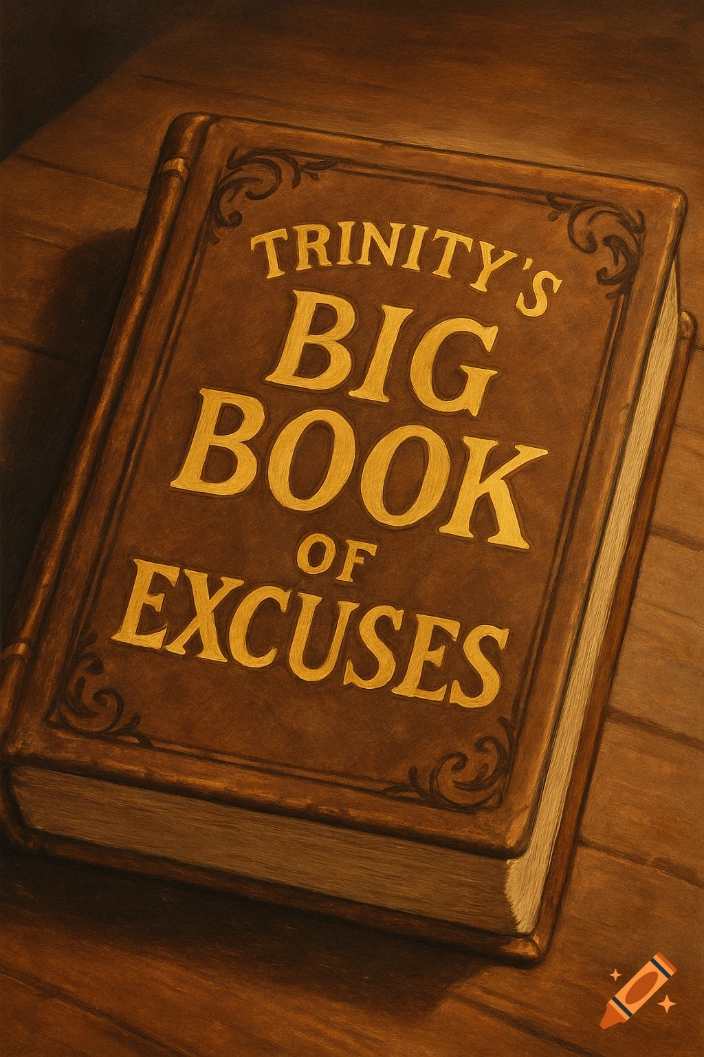 An illustrated book cover with the title "Trinity's Big Book of Excuses" on a wooden surface.