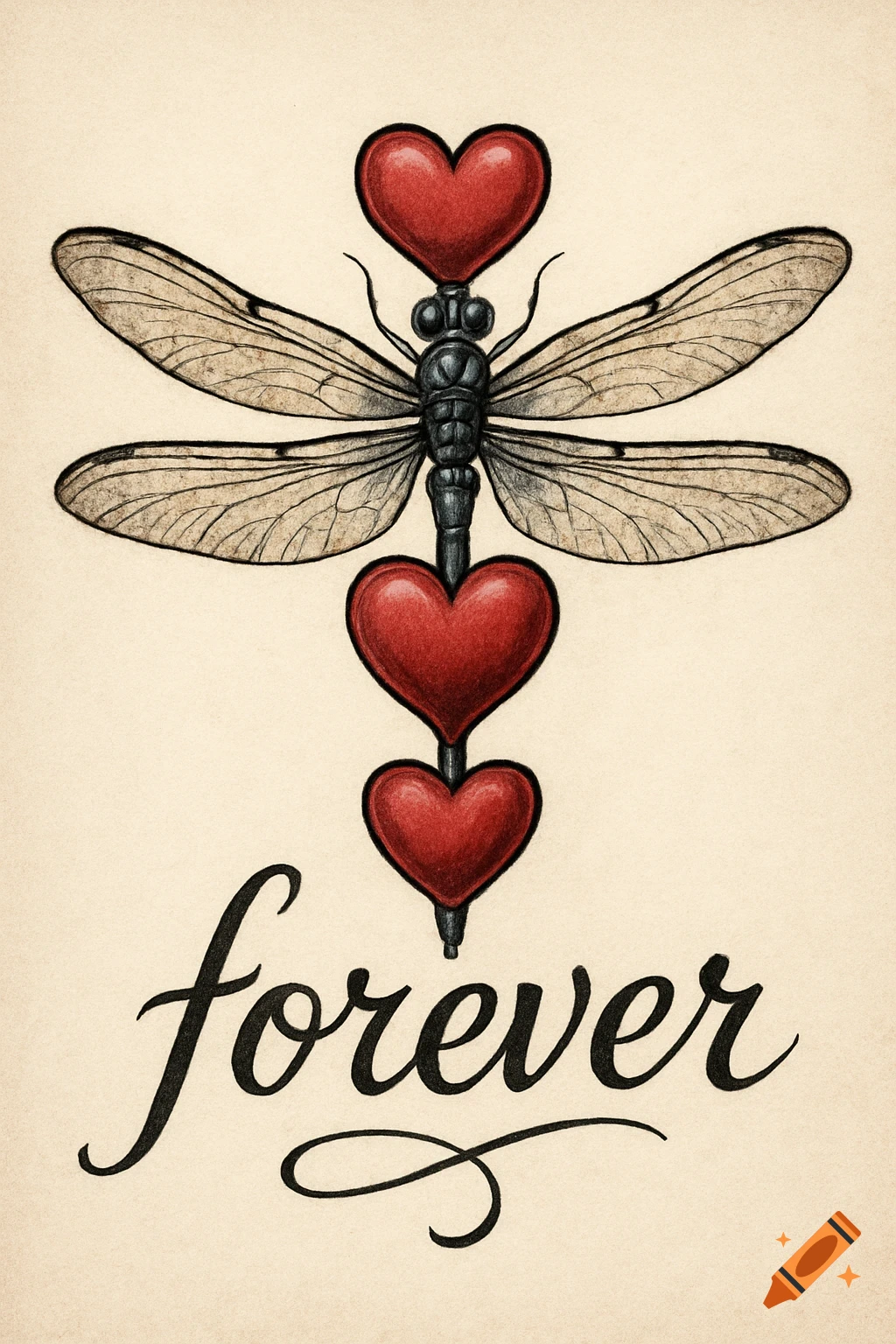 Dragonfly with red hearts and 'forever' text in a sketch style