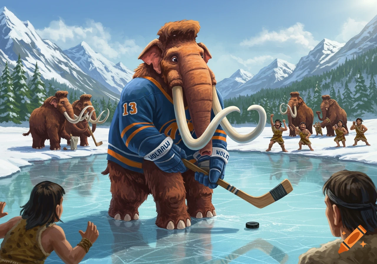 Woolly mammoth wearing a hockey jersey plays ice hockey against cave people in a snowy mountain landscape.