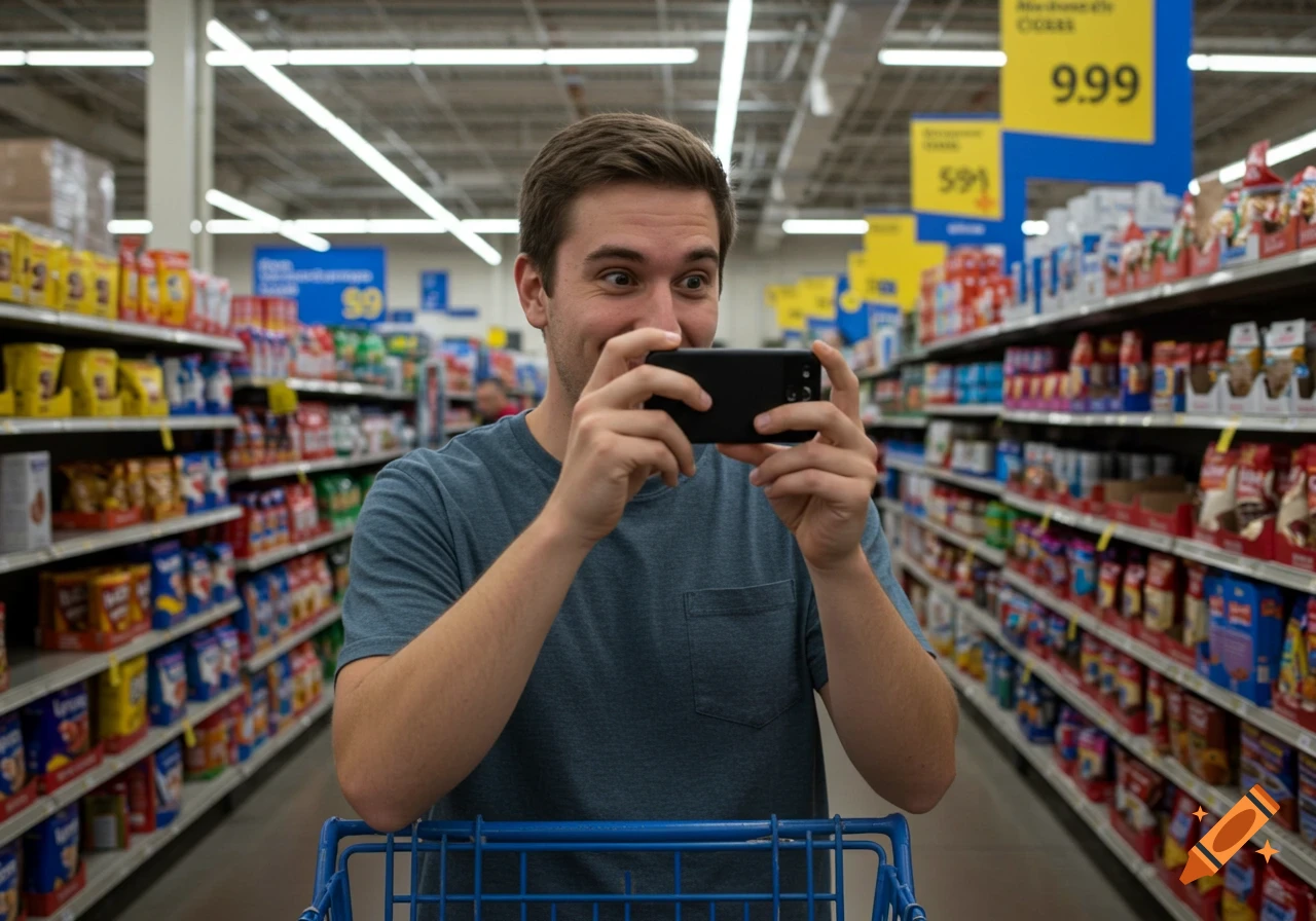 A man smiles and takes a photo with his phone in a grocery store aisle.