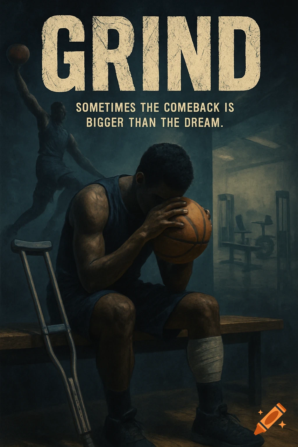 Basketball player with injury sitting on bench with crutches and text overlay.