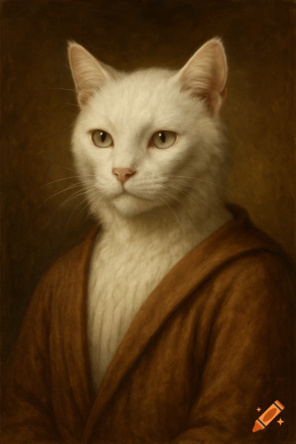 A portrait painting of a white cat wearing a brown robe, in the style ...