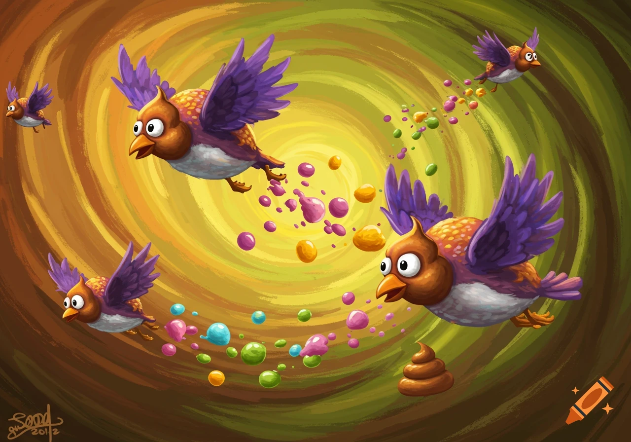 Cartoon birds fly through a swirl of color, leaving trails of colorful ...