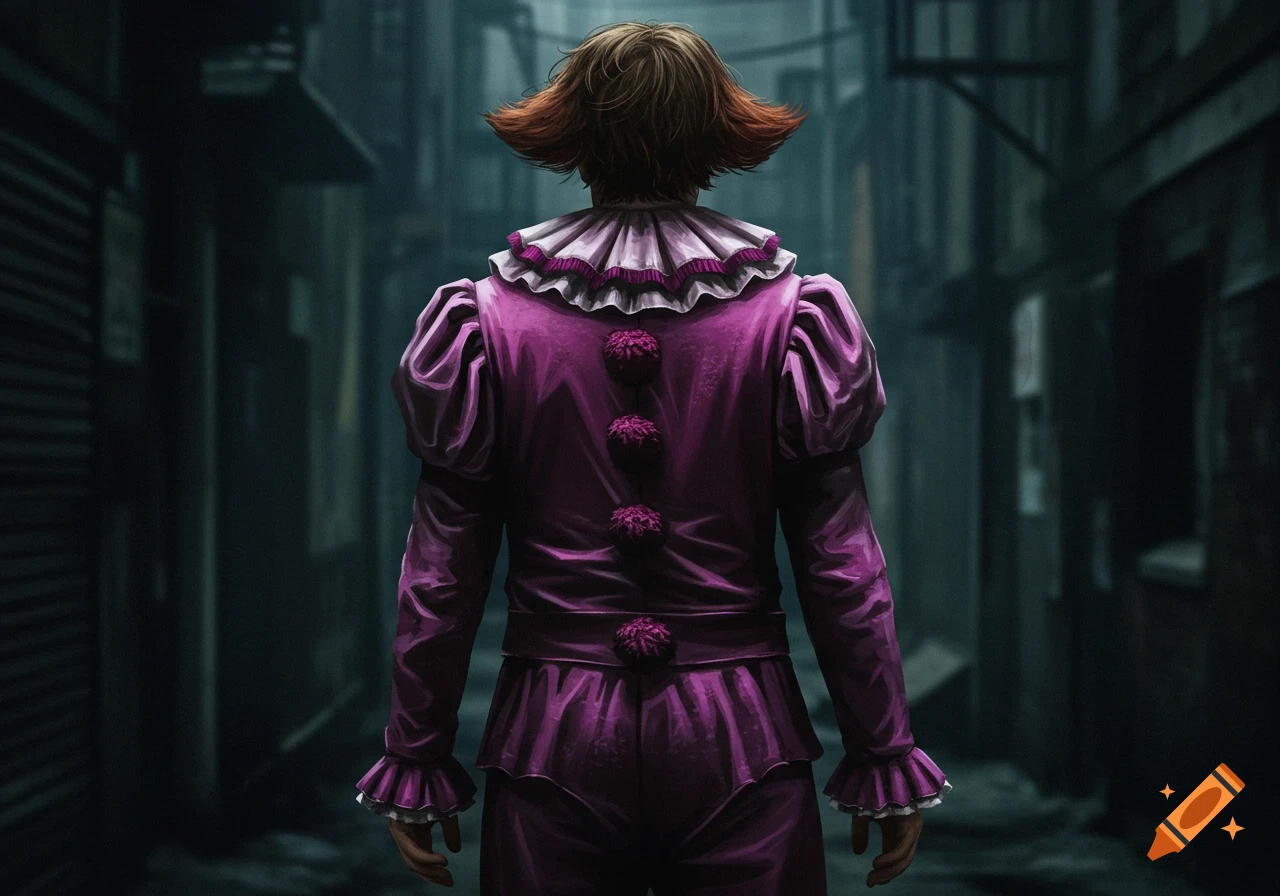 Figure in a purple clown suit from behind in a dark alley, digital art