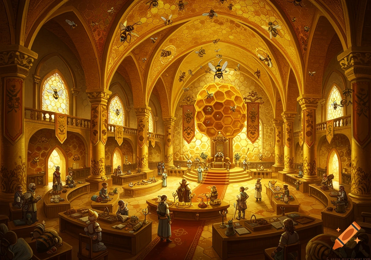 A grand fantasy hall themed like a beehive, filled with figures and giant bees.
