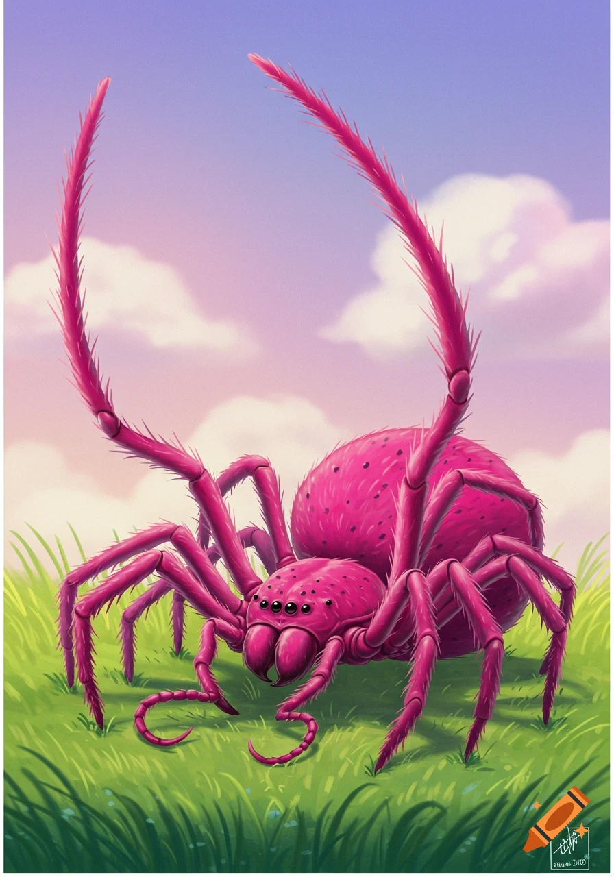 A large, vibrant pink spider with black spots stands in green grass under a pastel sky with clouds, rendered in a cartoon illustration style.