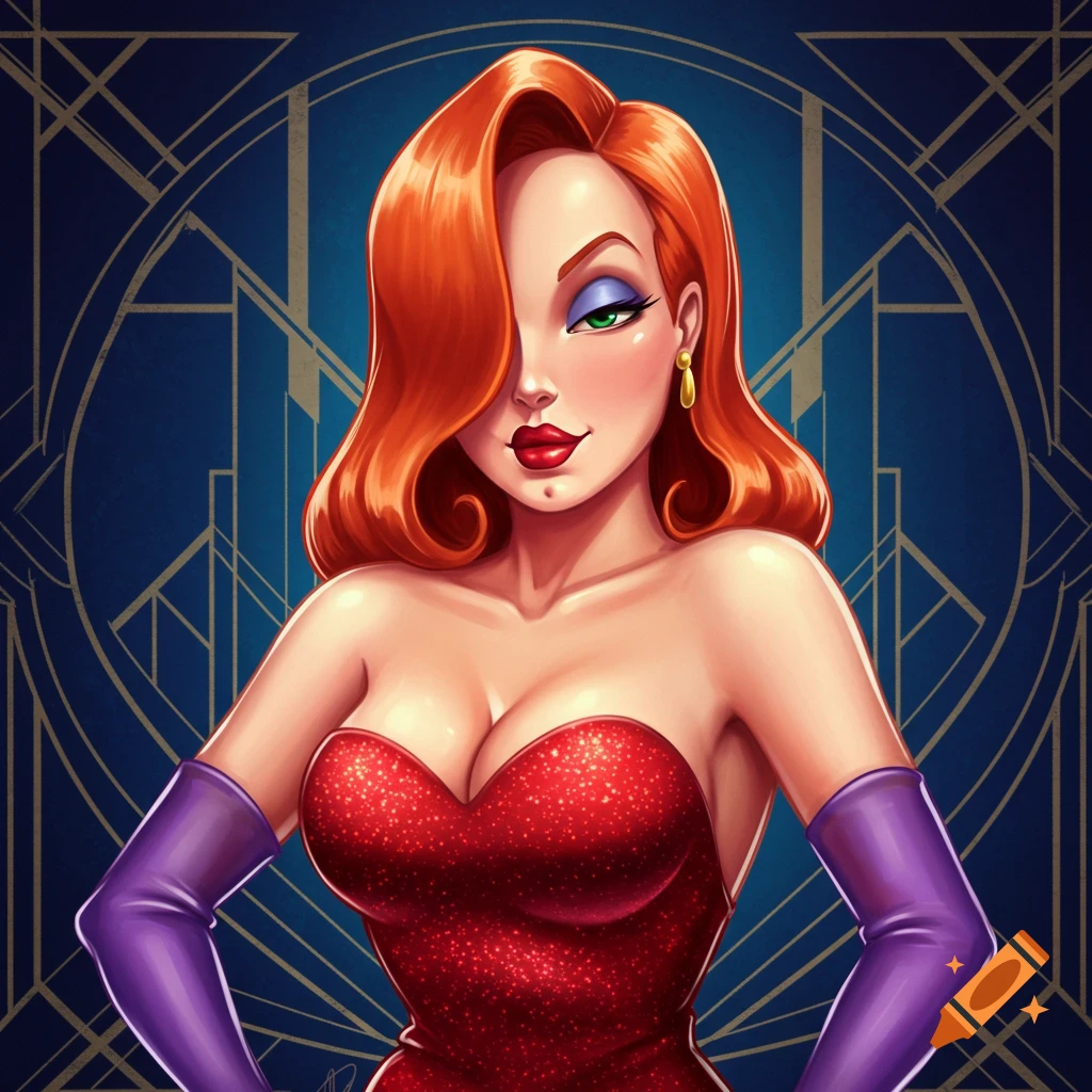 Illustration of Jessica Rabbit in a sparkly red dress and purple gloves against an art deco background.