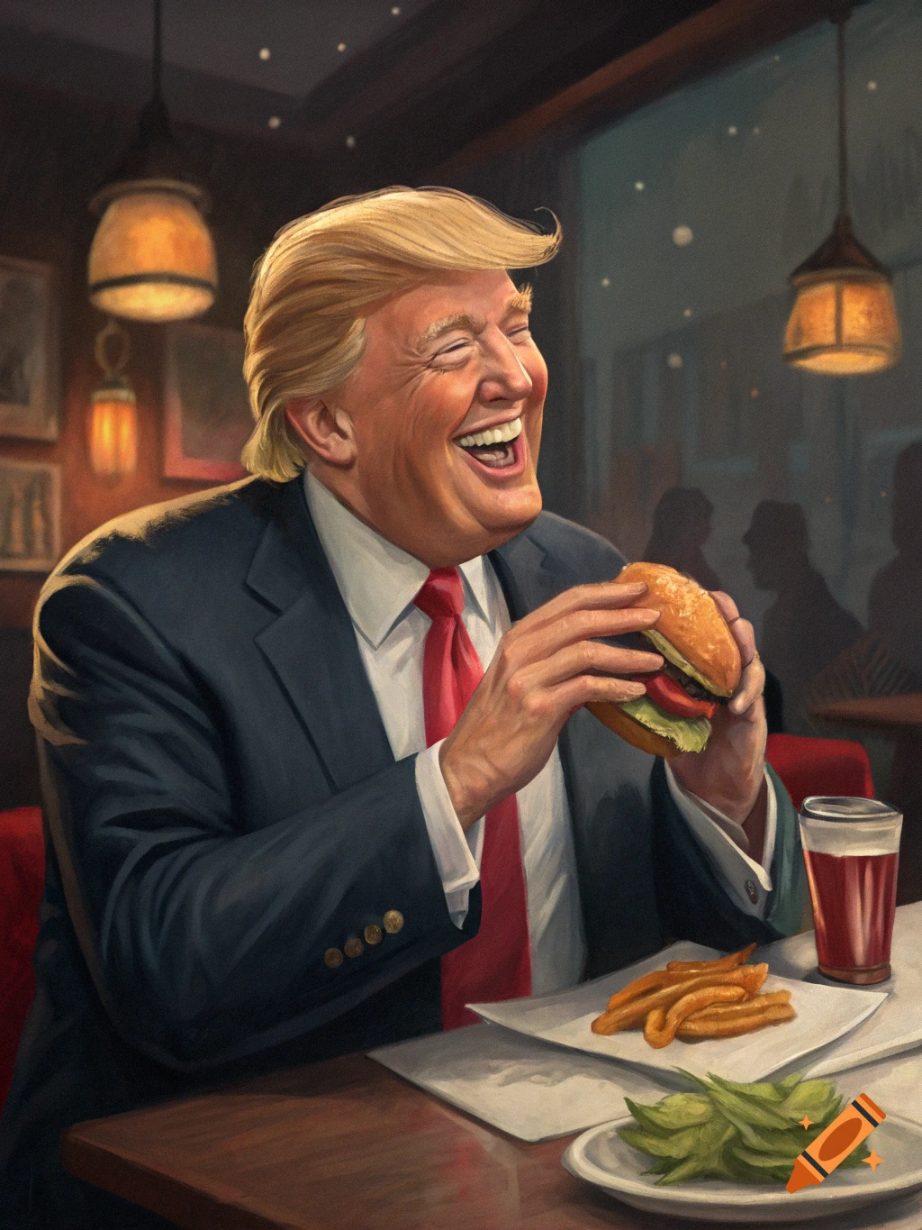 Painting of Donald Trump laughing while eating a burger and fries in a restaurant.