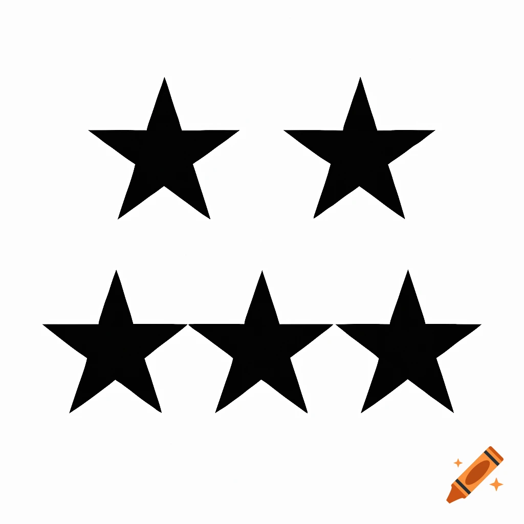 Five solid black stars arranged with two in the top row and three in the bottom row on a white background.