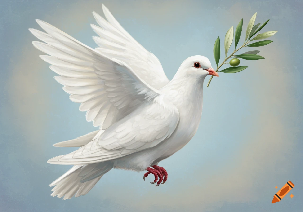 White dove flying with an olive branch in its beak against a soft sky background.
