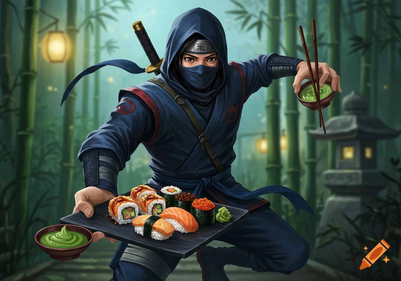 Illustration of a ninja holding a tray of sushi and a bowl of wasabi in a bamboo forest.