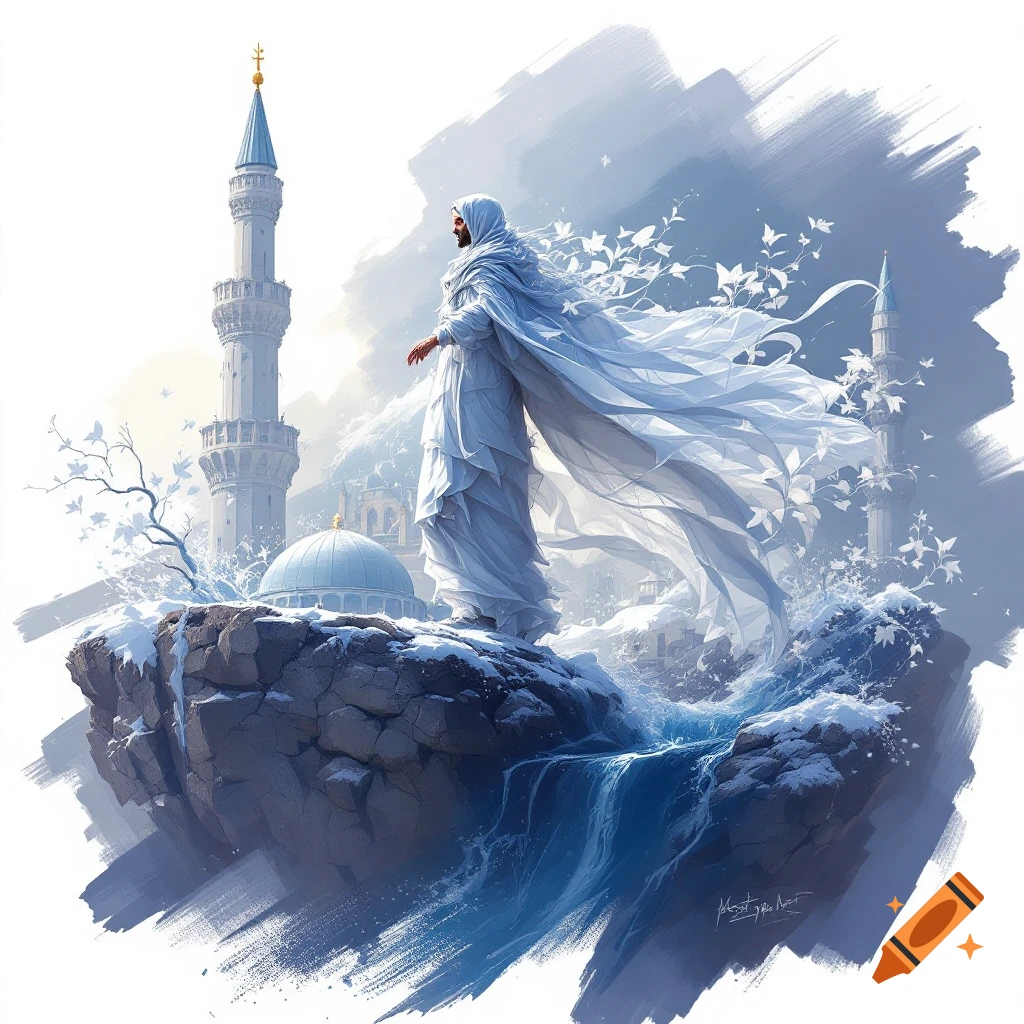 Figure in white robes on snowy rock overlooking mosque in winter, painterly style.