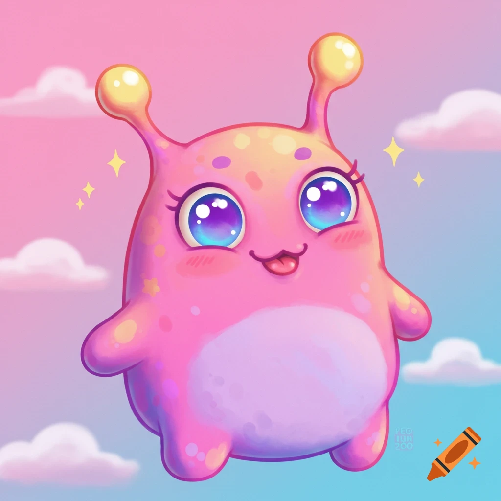 A cute pink cartoon monster floats in a pastel sky with clouds.