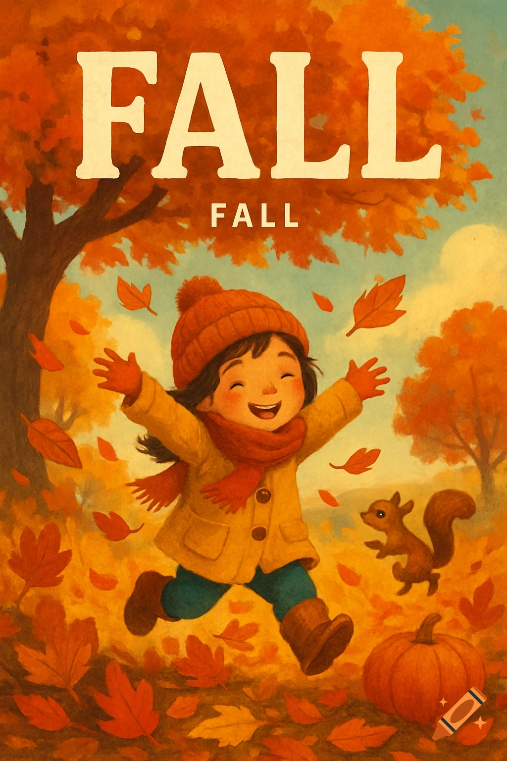 Illustration of a child playing in fall leaves with a squirrel and pumpkin, with the text FALL.