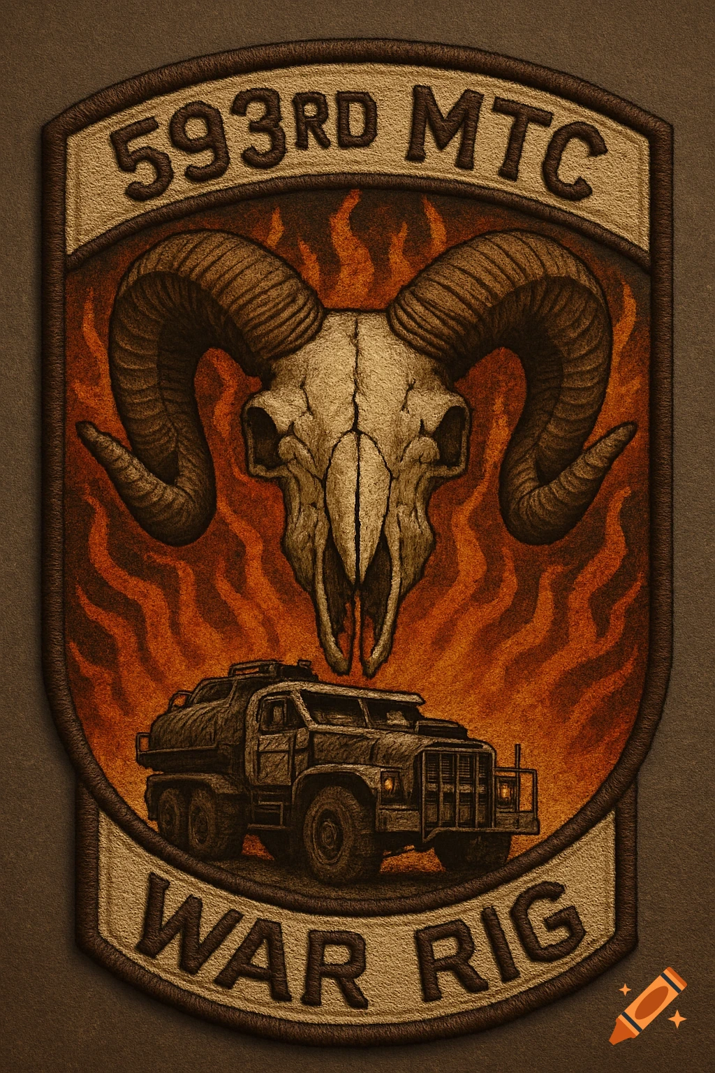 Military patch design with a bighorn sheep skull, flames, a war rig truck, and text.