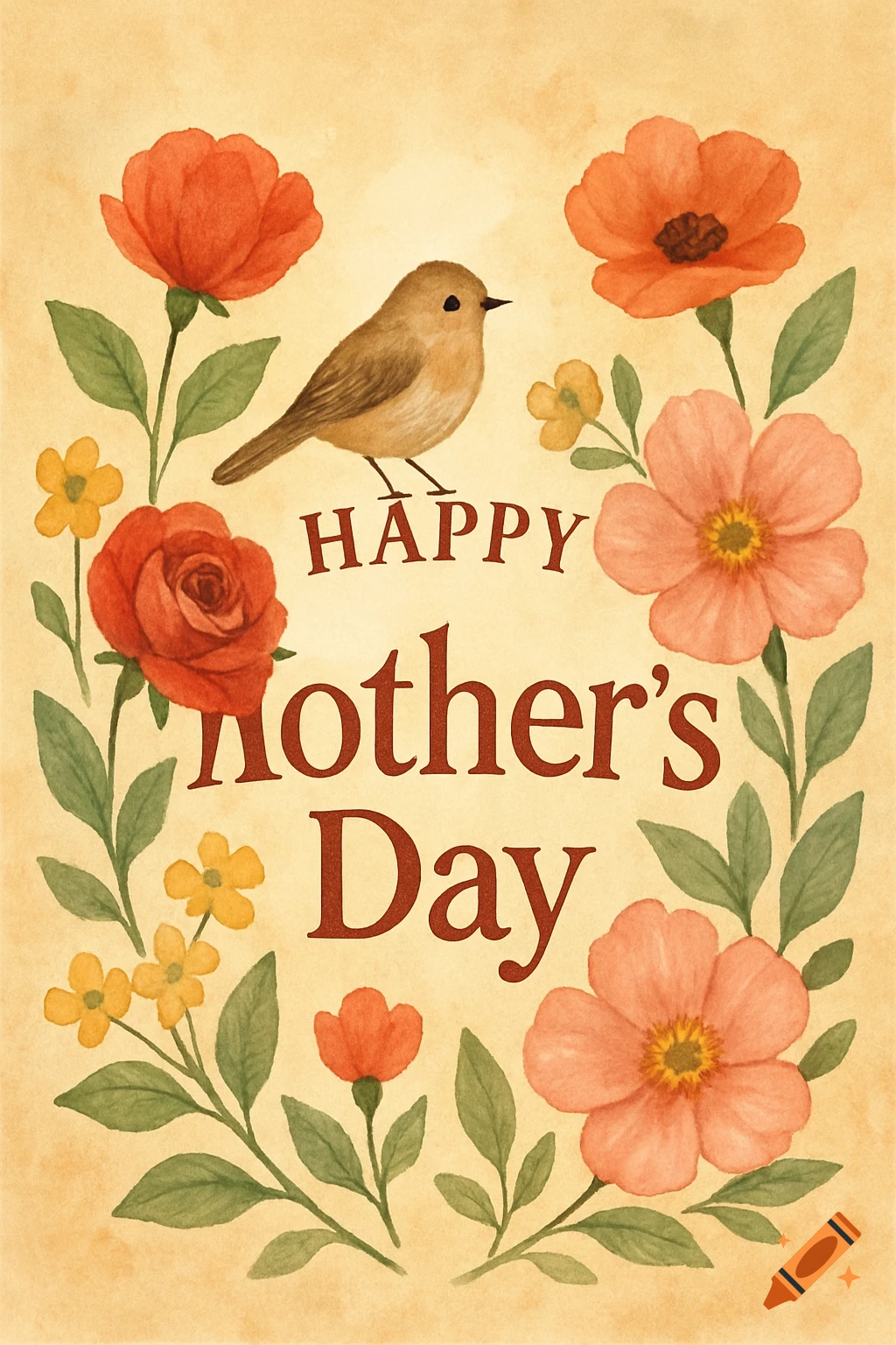 Watercolor Mother's Day card with a bird, flowers, and 'HAPPY Mother's Day' text.